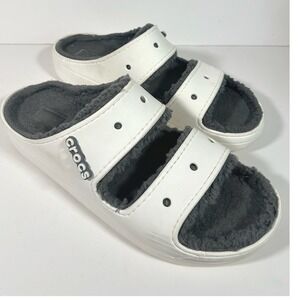 Crocs Classic Cozzzy Sandal White Grey Faux Fur Lined Two Strap Slide Mens 15
